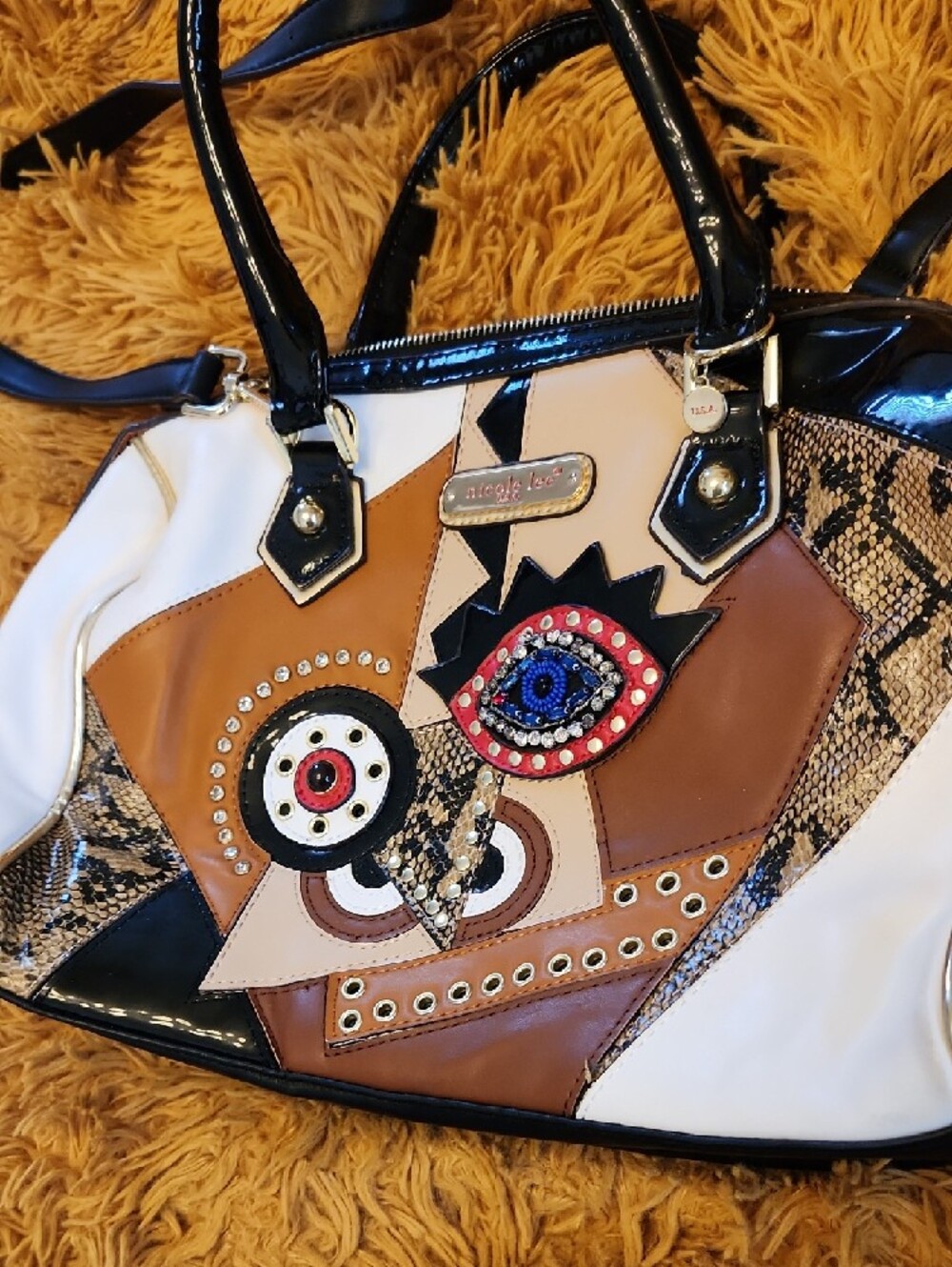 Nicole Lee White Tan Black Multi-Panel Embellished Satchel FINAL PRICE - Picture 2 of 15